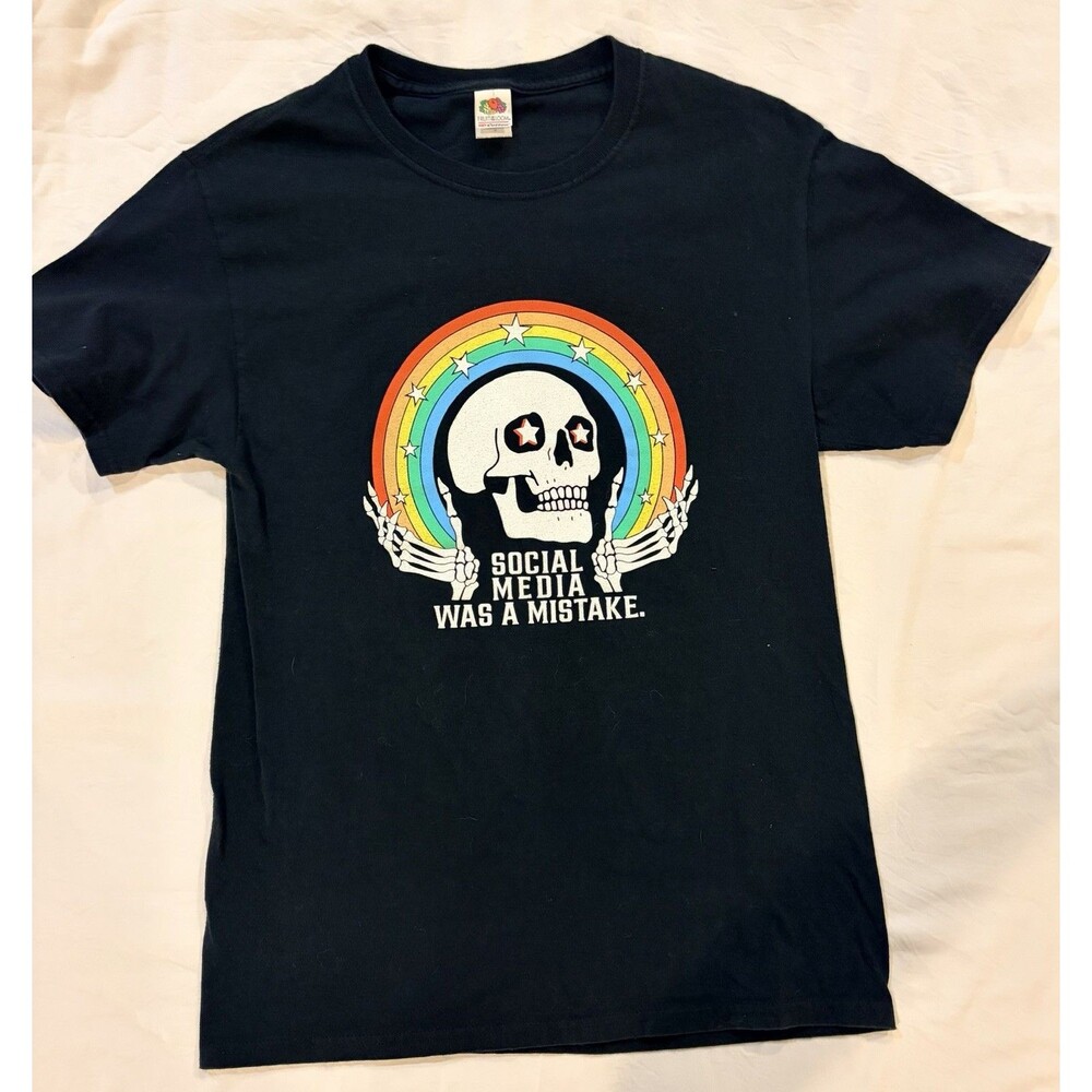 Men's Black Crew Neck Graphic Print Skull Rainbow Short Sleeve Cotton T-Shirt Sm